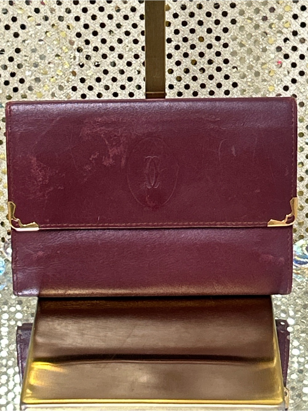 Cartier Burgundy Leather Clutch with Gold-Tone Corners Approx. 5.5 x 4